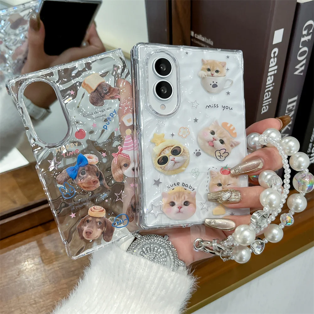 Korean Ins Cute Cartoon Hat Kitten Puppy Phone Case for Samsung Galaxy Z Fold 8 Ultra 7 6 Cover with Chain Anti Scratch Funda