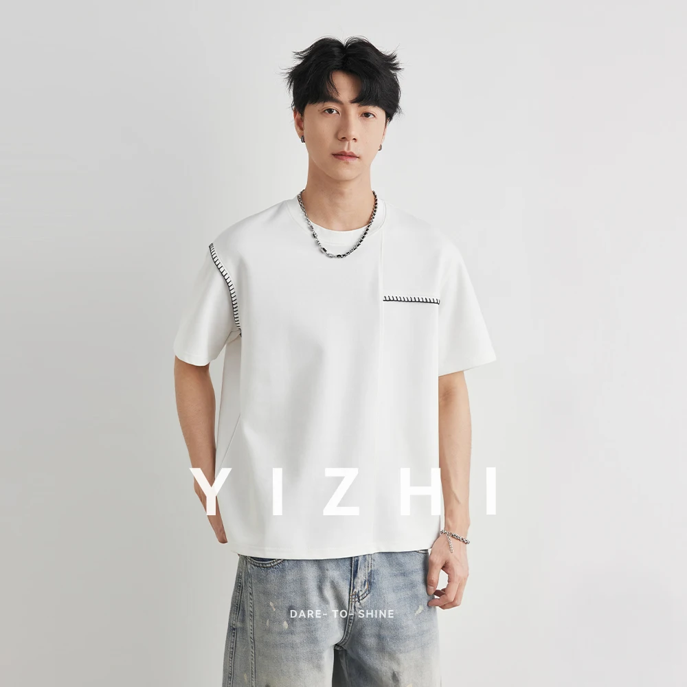 Men's Fashion Stitch Decor Short Sleeve T-shirt 2026 Summer Crew Neck Loose Drop Shoulder Minimal Versatile Commute Top