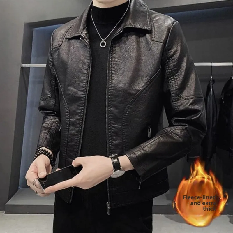 

Leather Jacket Men's Autumn and Winter New Casual Korean Version Velvet Leather Jacket Jacket Lapel Leather Jacket
