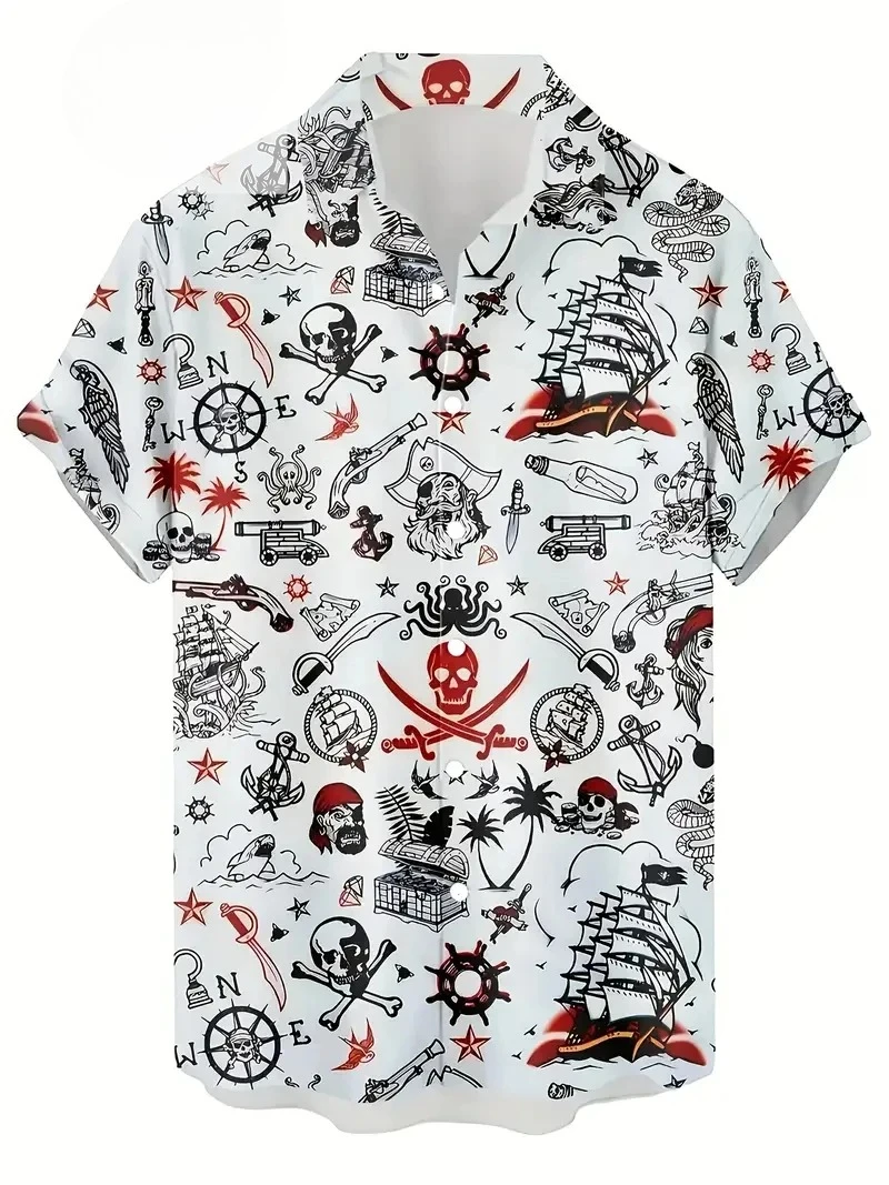 Vintage 3d Print Pirate Pattern Men Shirts Summer Oversized Street Beach Hawaiian Shirt Hip Hop Cool Mens Clothes Button Shirts