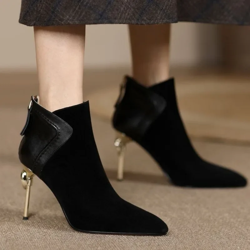 2024Autumn Women Ankle Boots Elegant Brown Suede Short Botas Mixed Leather Iron Thin High Heels Black Botines Femininos Zapatos