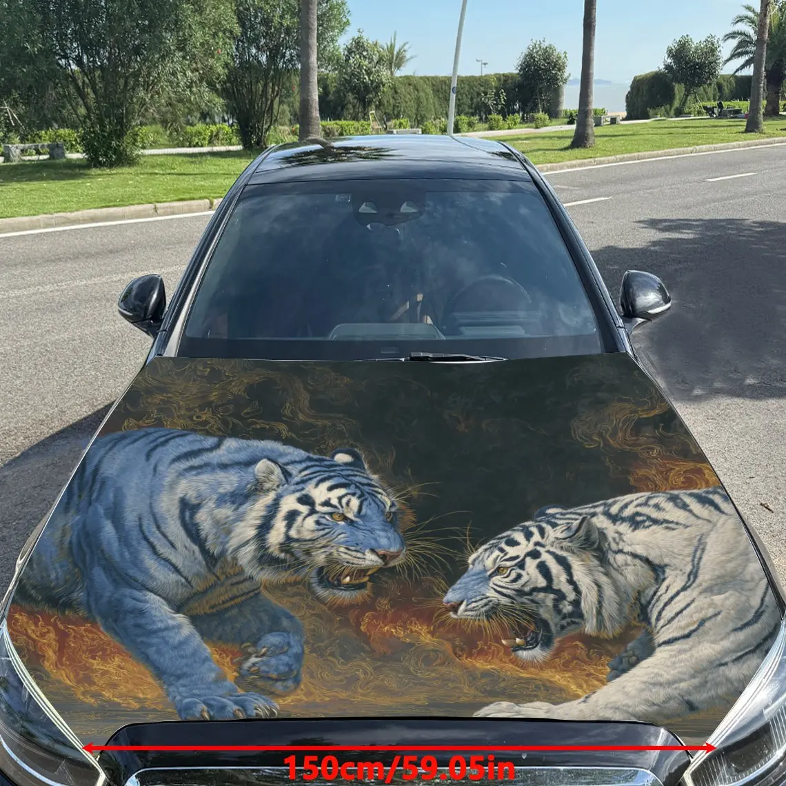 Car Decals Two White Tigers with Striking Patterns, Fierce Expressions, and a Dynamic Confrontational Stance Car Hood Sticker, W