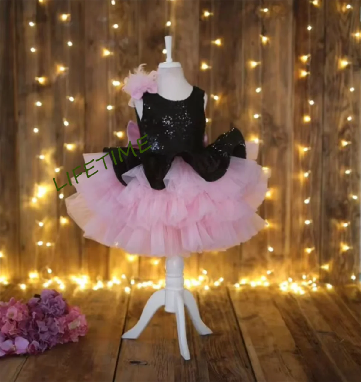 New Baby Girl Dress Black Sequins Pink Tulle Flower Girl Dress Knee Length O Neck Kid Size 12M 24M New Year Photography