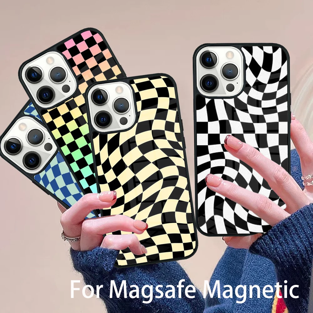 

Crazy Checkered Phone Case Magesafe Magnetic Wireless Charge Cover For IPhone 16 11 12 13 14 15 Pro Max Plus Mini