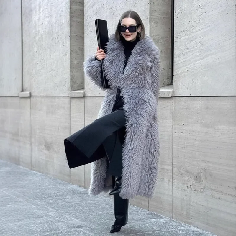 نسخة ممتدة معطف تيدي للنساء بأكمام طويلة ملابس شتوية رمادي شاطئ صوف سميك معطف من الفرو الصناعي الصلب