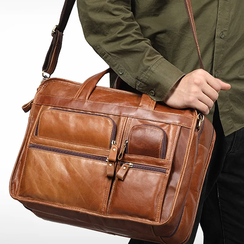 Bolso de cuero para hombre, maletín para ordenador portátil, informal, de negocios, bandolera de hombro, grande, para viaje