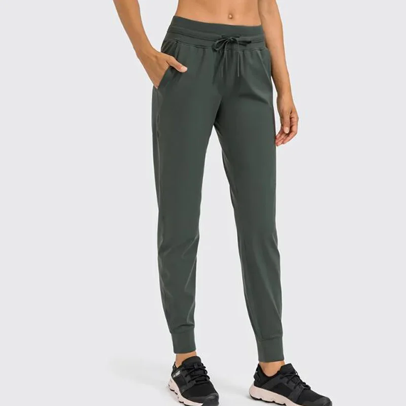 Solid Color Drawstring Pants Fitness Women Sweatpants with Two Side Pockets 4-Way Stretch Leggings Lady Stretchy Pants