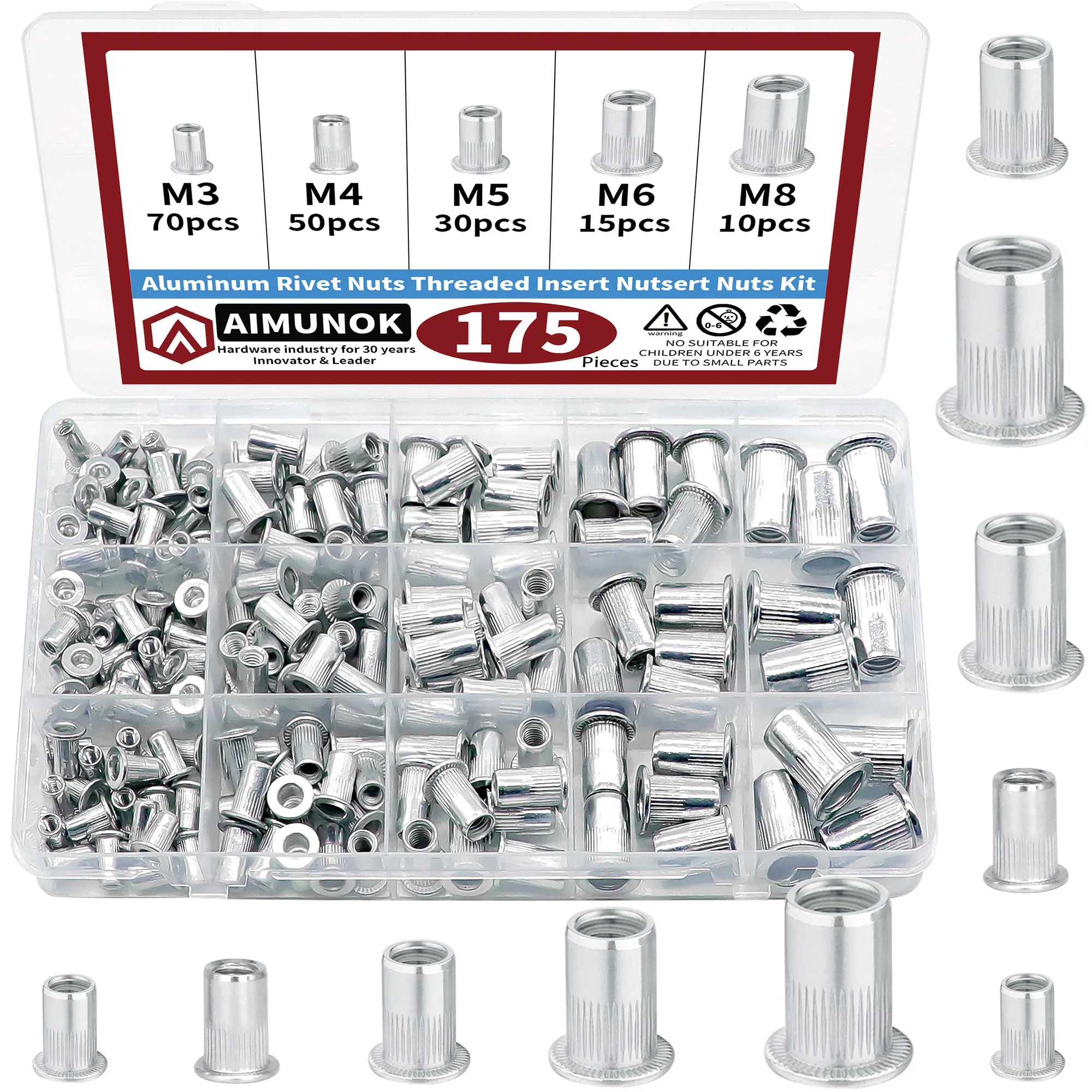 175pcs Aluminum Alloy M3 M4 M5 M6 M8 Flat Head Metric Threaded Rivetnut Insert Nutsert Rivet Nut Assortment Kit