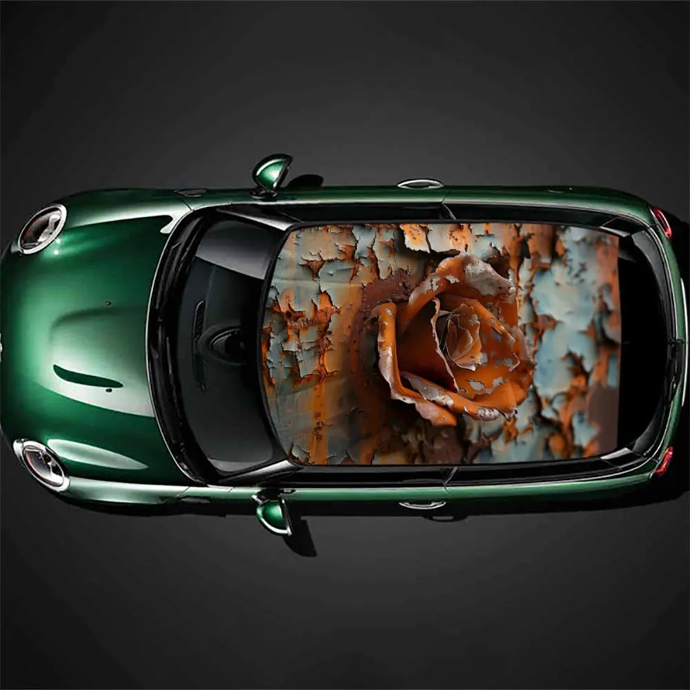 

Rusted Metal Grunge Rose Car Roof Sticker Wrap Racing SUV Auto Accessories Packaging PVC Car Hood Graphic Decal Decoration Gift