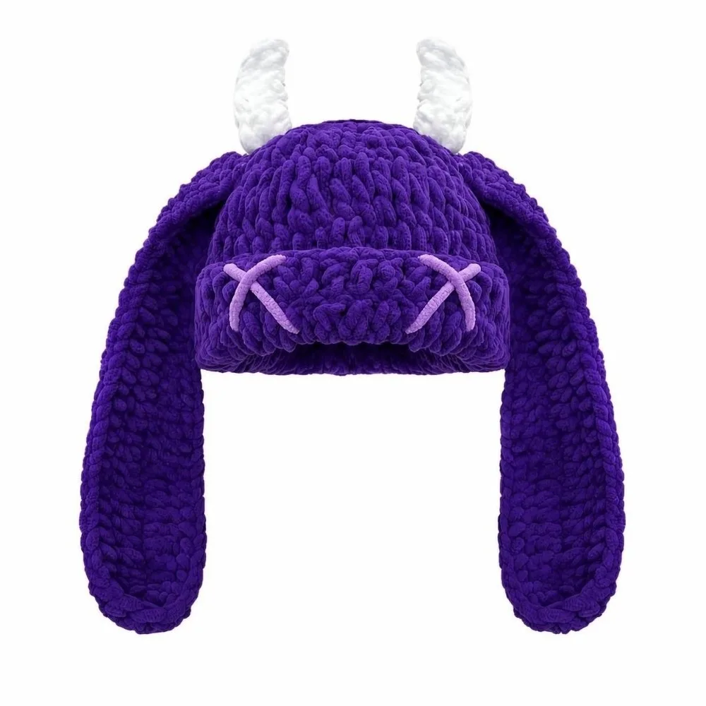 Elastic Knit Women's Warm Knitted Hat Thickened Soft Warm Little Devil Long Ears Cap Protection From Cold Pullover Hat