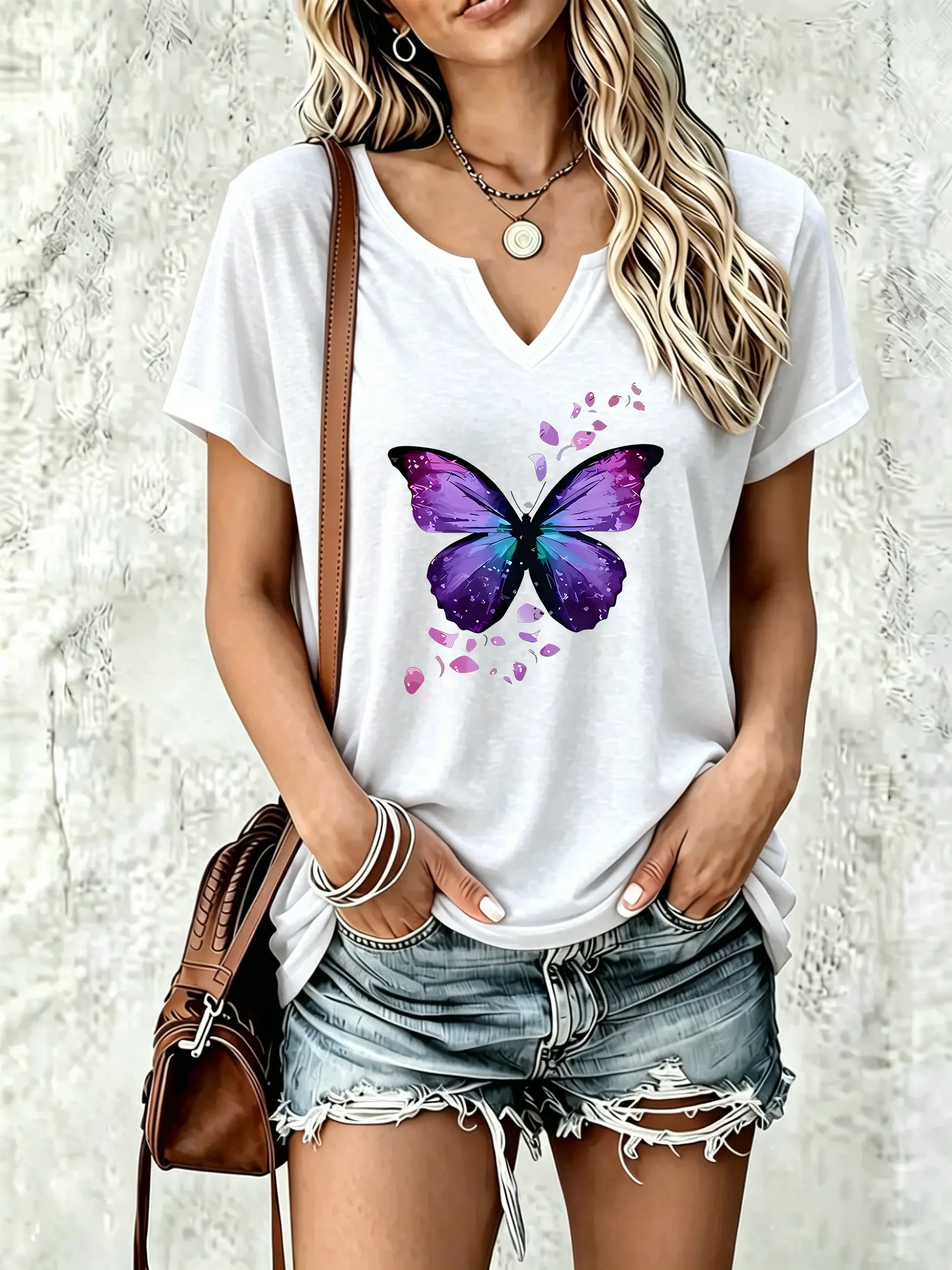 Women Summer Notch V Neck Short Sleeve T-Shirt, Gradient Purple Butterfly and Floating Petals Graphic Print Casual Boho Tee