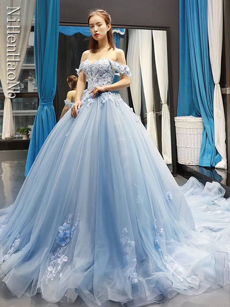 Blue Quinceanera Dresses Off The Shoulder Princess Prom Dress Lace Appliques Ball Gown With Small Train Vestidos De 15