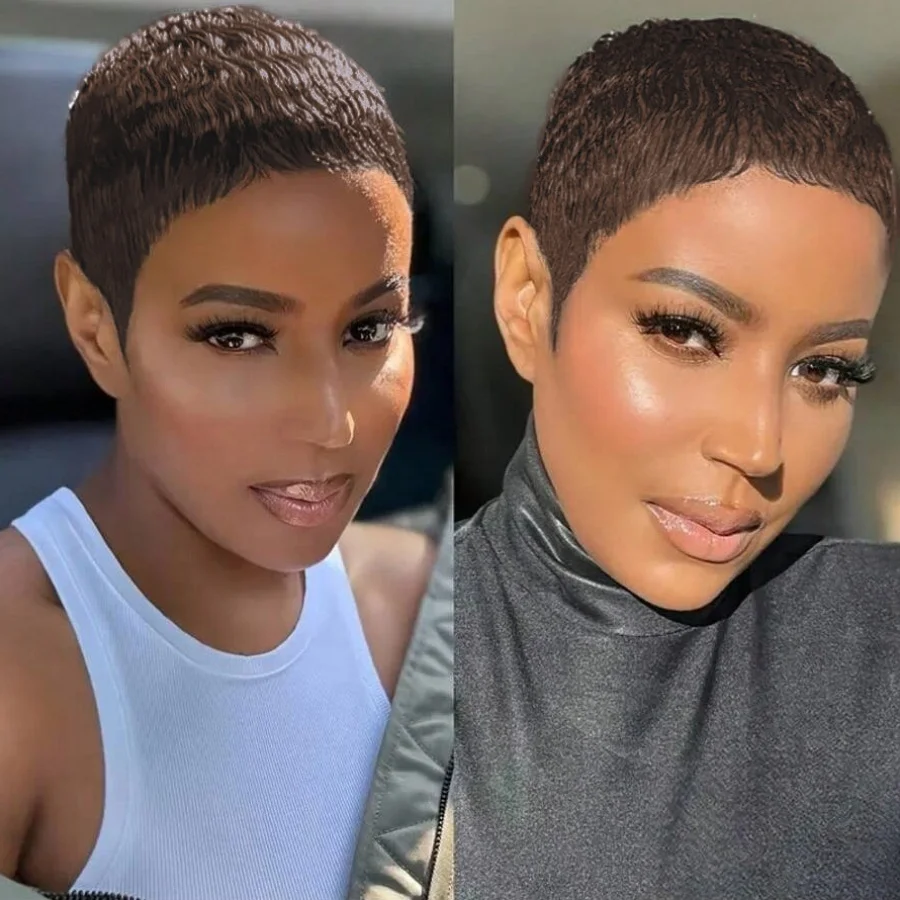 인모 가발 짧은 픽시 컷 가발 인모 자연 색상 앞머리 포함