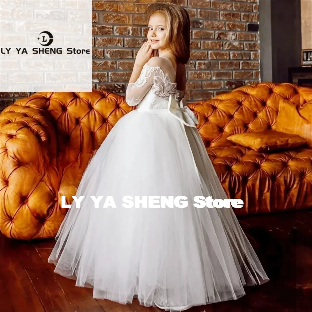 White Flower Girl Dress Beautiful Tulle Lace Appliques Pearl Long Sleeves Fit Wedding Birthday Princess Pageant Gown