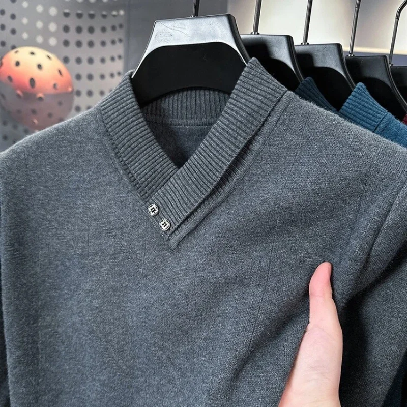 

Men's Woolen Sweater V-neck Pullover Thickened Solid Color Business Casual Sweater Winter Knitted Bottoming