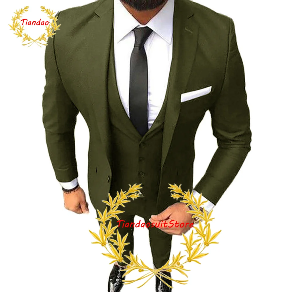 

Suit for Men Army Green Business Formal Jacket Pants Vest Three-piece Wedding Tuxedo Groomsman Blazer Set Slim Fit Dress