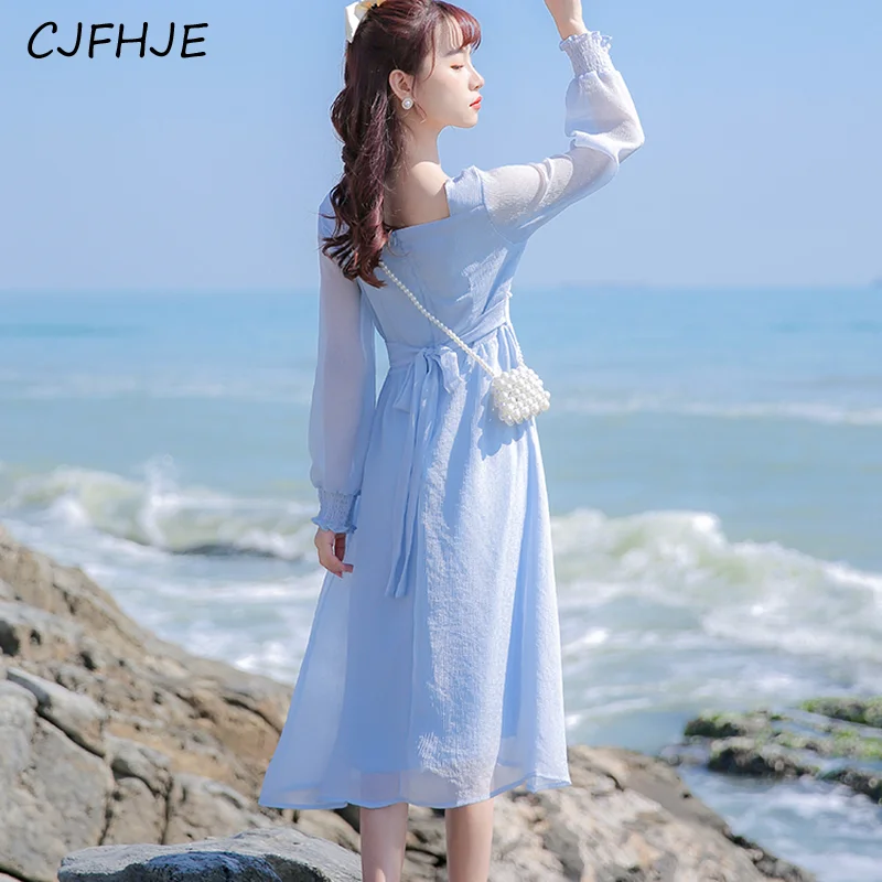 Cjfhje blau langes Kleid Frauen elegante Vintage Abend party Chiffon Kleider Frühling koreanische Mode schlanke Schnürung Langarm Kleid