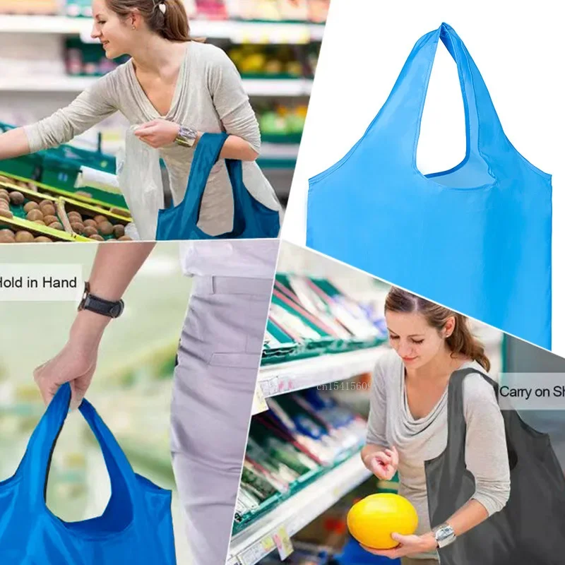 Foldable Shopping Bag Reusable Travel Grocery Bag Eco-Friendly One Shoulder Handbag for Travel Solid Color Supermarket Tote Bag