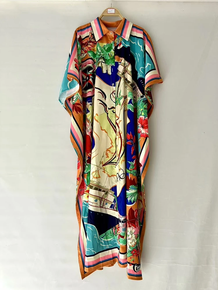 فستان بتصميم عتيق بطباعة هندسية وطية صدر واحدة مكشكش وأكمام خفافيش لصيف 2025 فستان قميص فضفاض على الموضة للسيدات