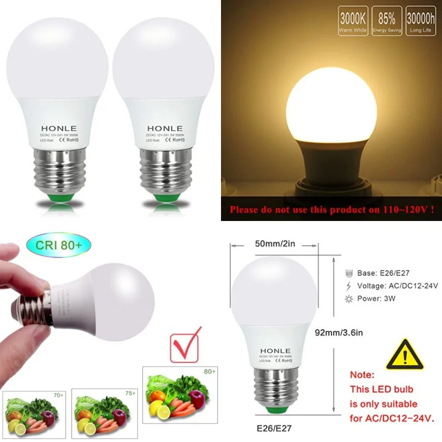 

E26 12-24V AC/DC LED Light Bulbs 3W Low Voltage Warm White 3000K E27 Edison Standard Screw Base 25W Equivalent for Rv, Off Grid