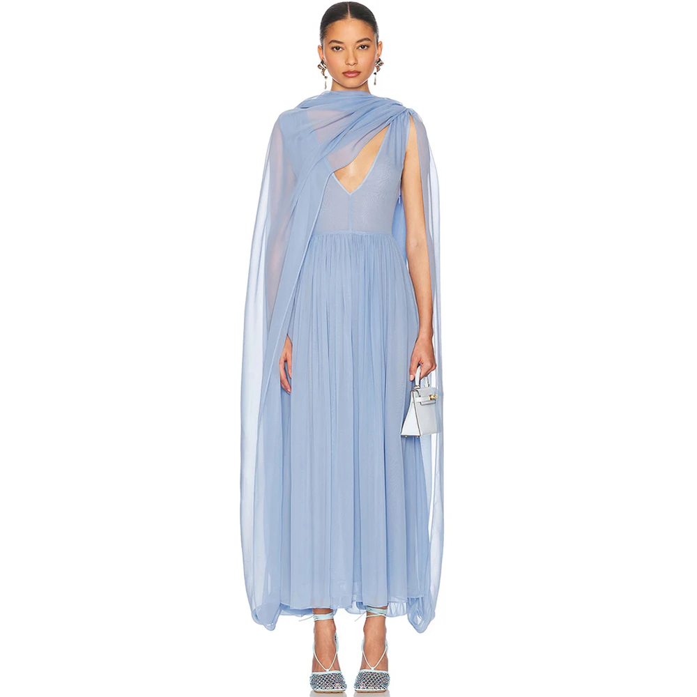 Hoge kwaliteit blauwe chiffon avondjurk Sierlijke V-hals Mouwloos A-lijn Aangepaste homecoming-jurken Eenvoudige beroemdheidsjurken