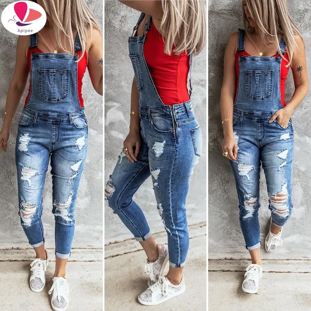 

Women Sexy Ripped Hole Denim Jumpsuit Ladies Autumn Fashion Loose Jeans Rompers Vintage Casual Pocket Overall Playsuit