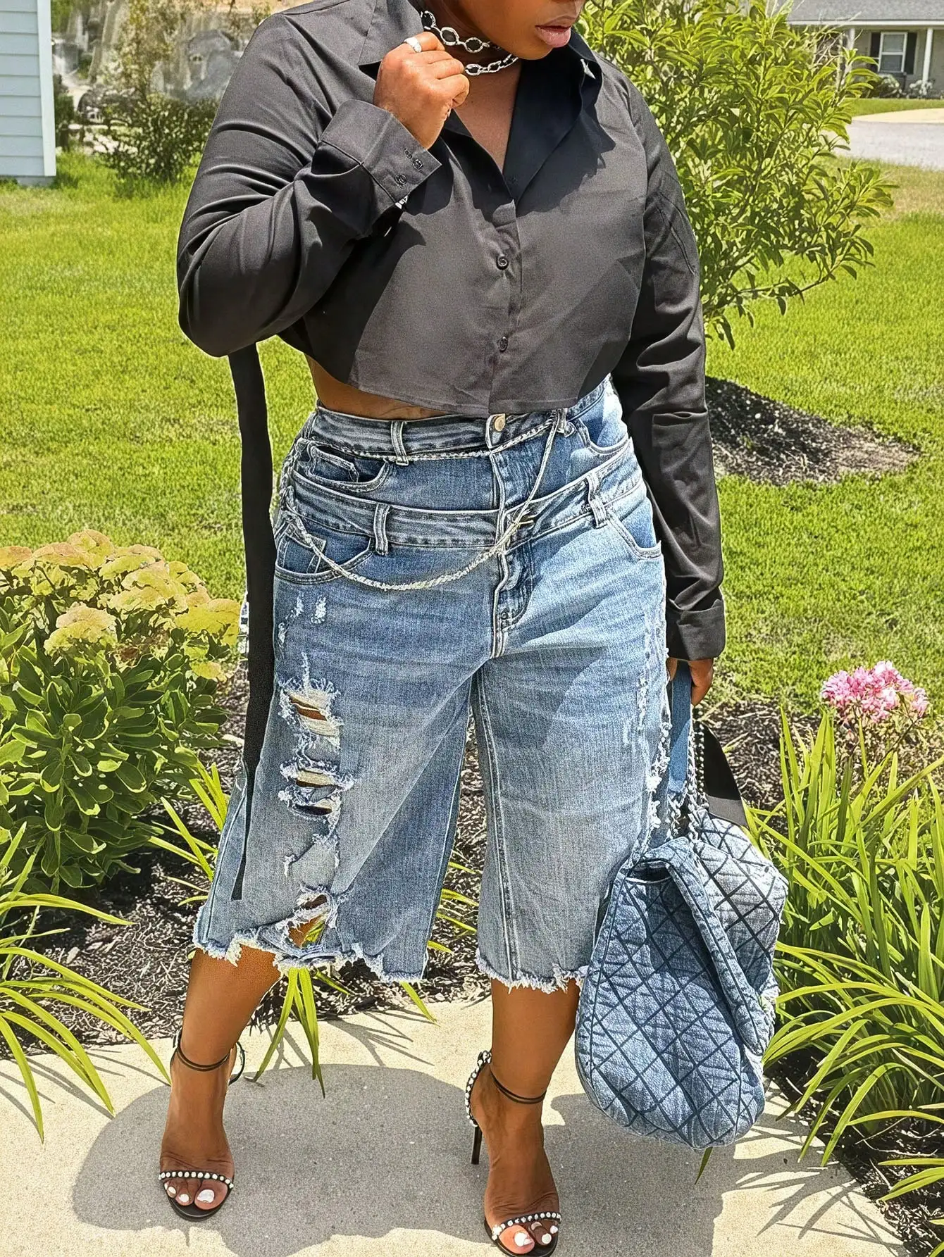GLOURI Women's Denim Bermuda Shorts - Ripped Double Waistband Washed Blue Knee Length Jean Shorts, Non-Stretch Casual Relaxed Fit with Pockets, Perfect for Weekend Outings, Daily Leisure & Streetwear