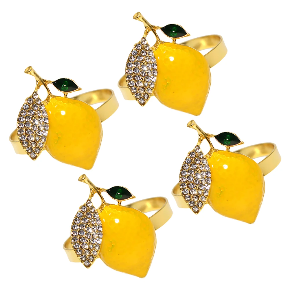

4 pcs Diamond Lemon Napkin Rings Alloy Resin Rhinestones Tropical Wedding Fruit Tableware Spring Summer Accessories