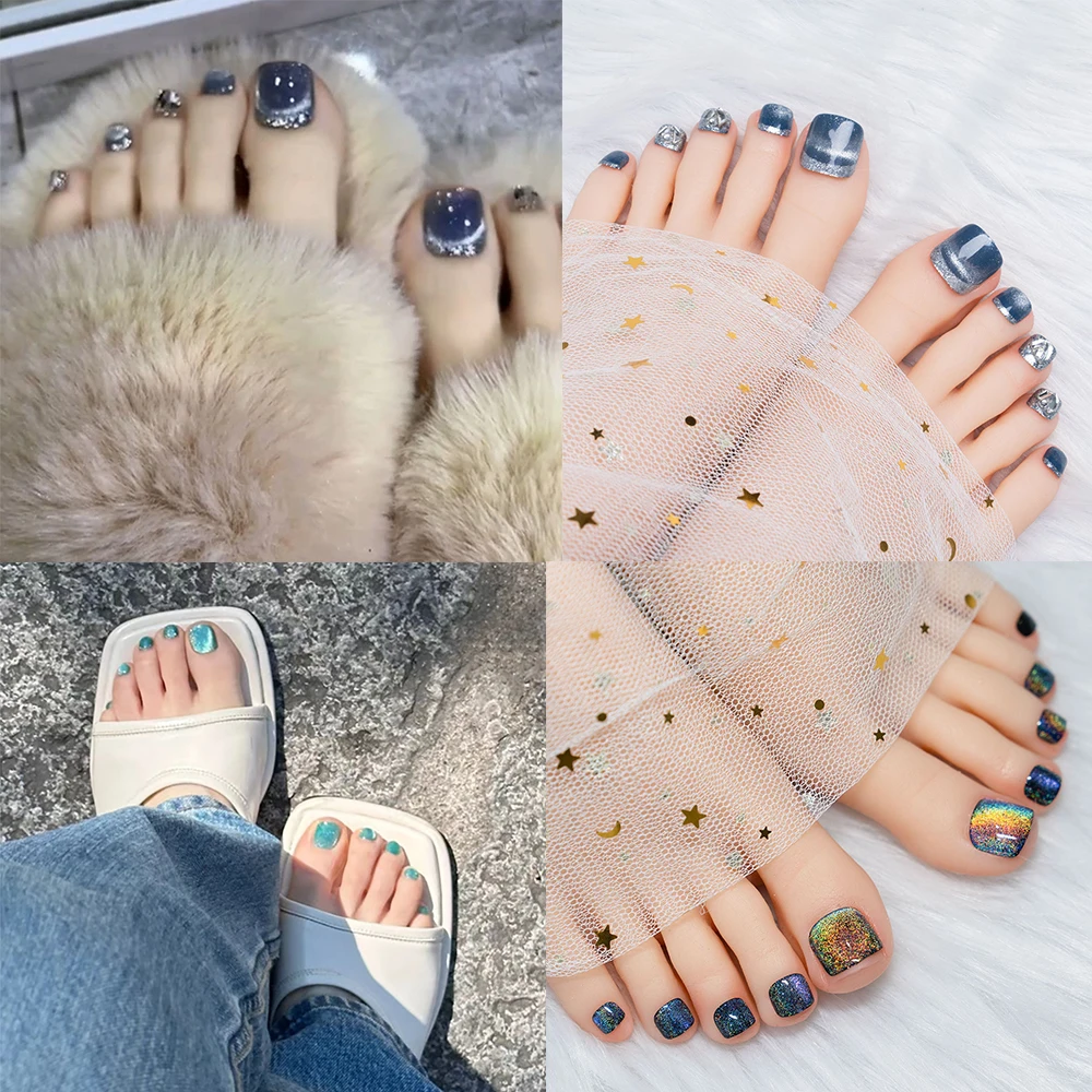 Moda Occhio di Gatto Unghie Finte Testa Quadrata Lunghezza Corta Unghie Finte Dei Piedi Copertura Completa Indossabile Manicure Punte Del Chiodo Del Piede Ragazza