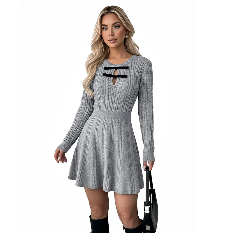 Women Knitted Dresses Solid Dress O Neck Mini Lenth Long Sleeves Waist Cinch A Line Slim Office Lady Casual 2025 Spring Autumn