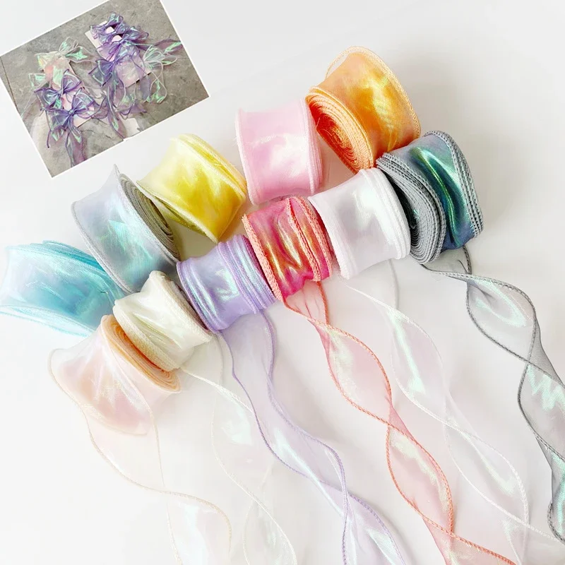 40mm 10Yards Fishtail Organza Ribbon Reflective Iridescent Wavy Edge Ribbon For Gift Wrapping DIY Bow Bouquet Voile Ribbons