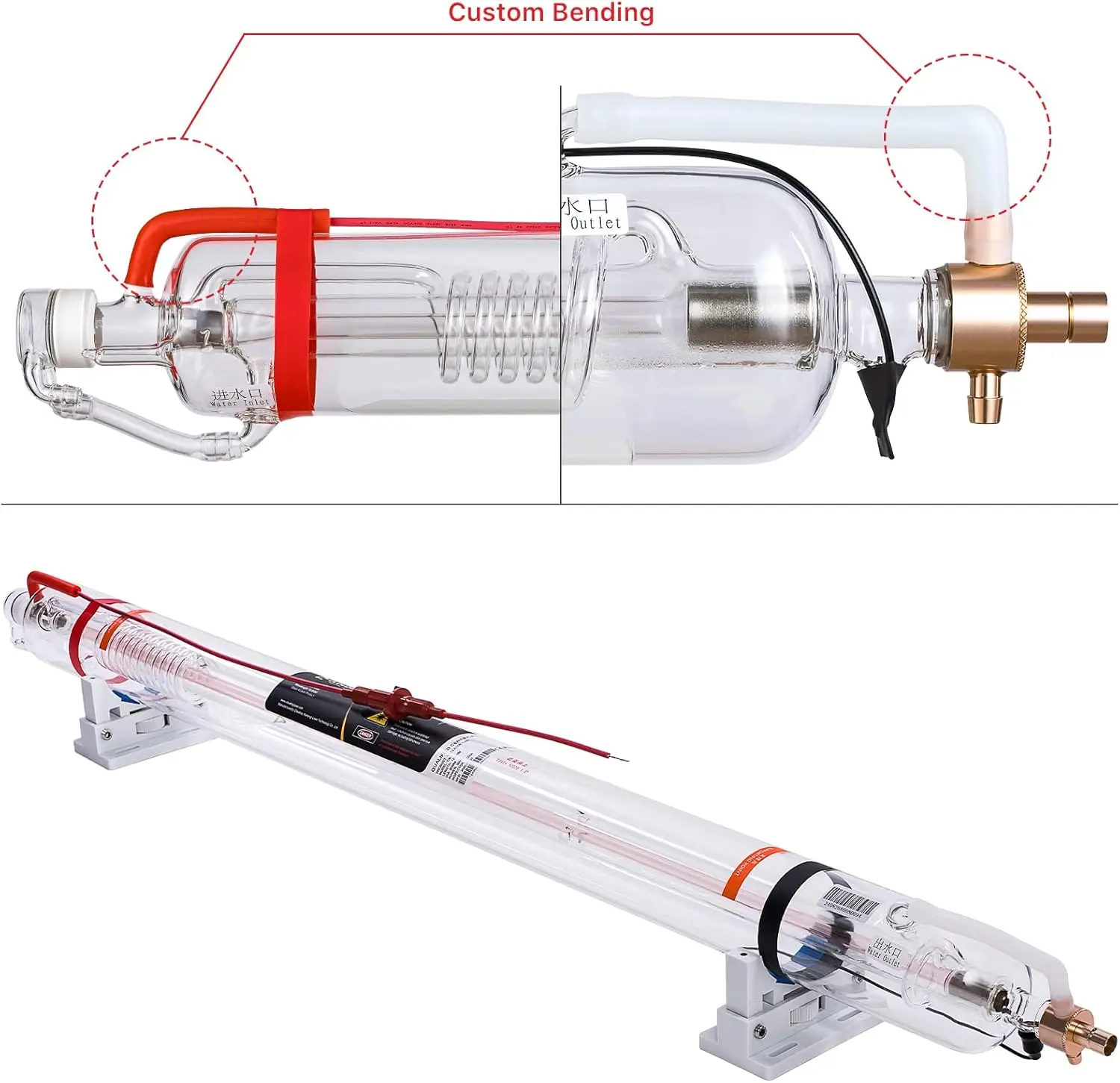 Cloudray 90W Laser Tube 1250mm Dia.80mm,CO2 Tube 90W,100W CO2 Tube,Cable Preconnected with Coating,90 Watt C02