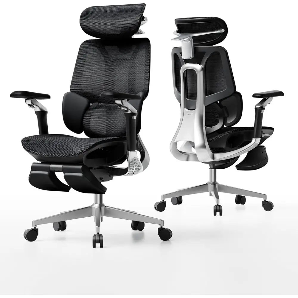 Ergonomic Mesh Office Chair with 3-Zone Floating Lumbar Support, 4D Adjustable Armrests, Black with Footrest