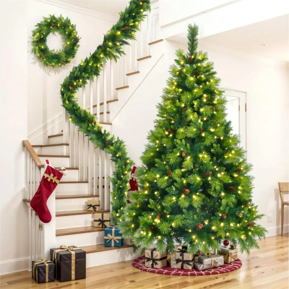 

Large Branches Pine Tree, Pre-Lit Set with Tree & Garland & Wreath, Artificial Christmas with Pine Cones, Hinged Xmas Tree