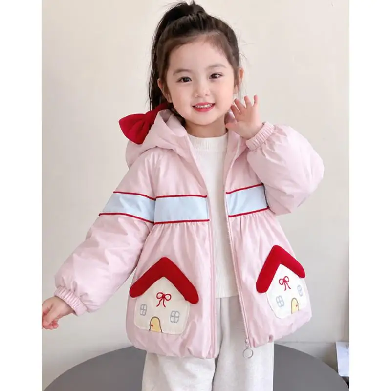 Girls' hooded bow cotton jacket girls' autumn and winter new item thick cotton jacket children's warm jacket down jacket tops