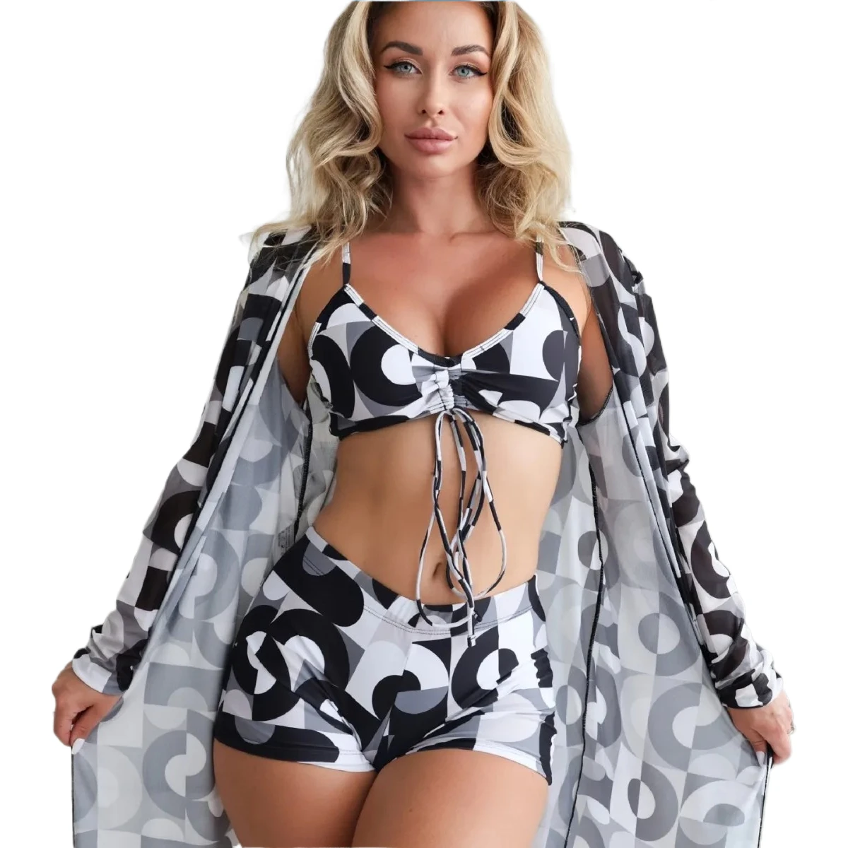 

Комплект из 3 предметов: женский раздельный купальник, пляжная накидка, модный купальник с бантом, бикини