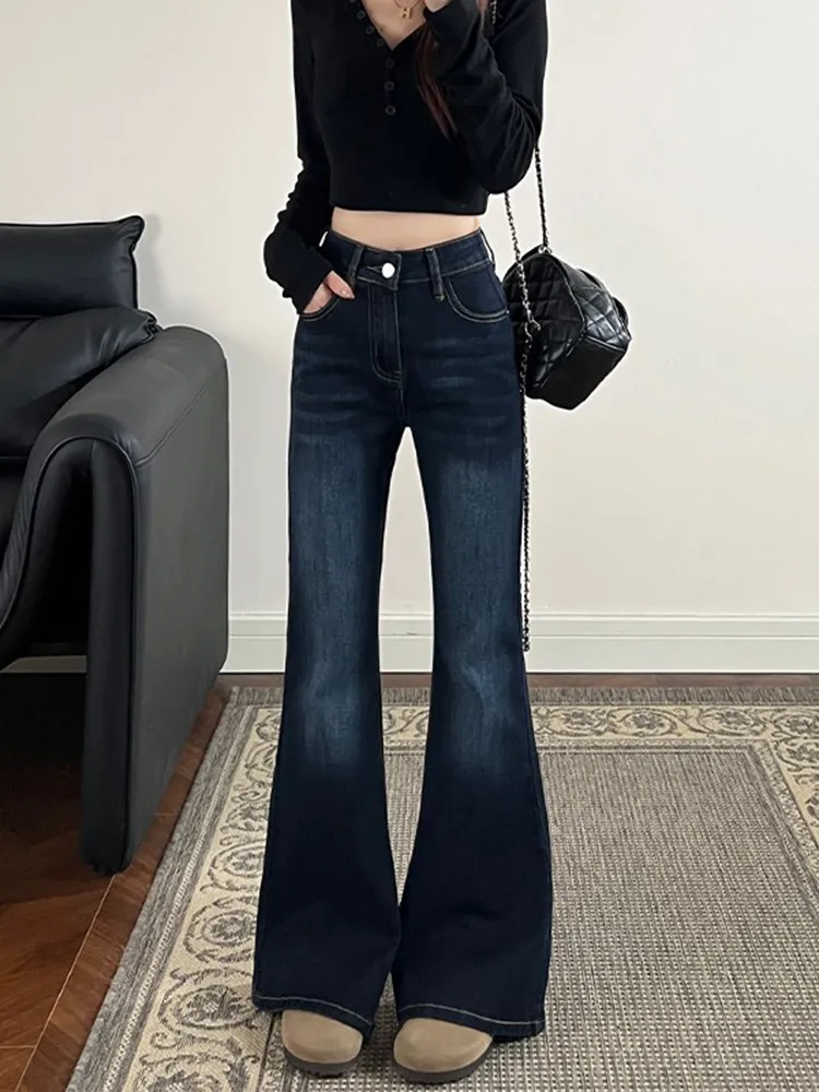 

American Retro Flared Jeans Women's New Large Size Loose Slimming Not Legging Long Pants High Waist Cotton Stretch Denim