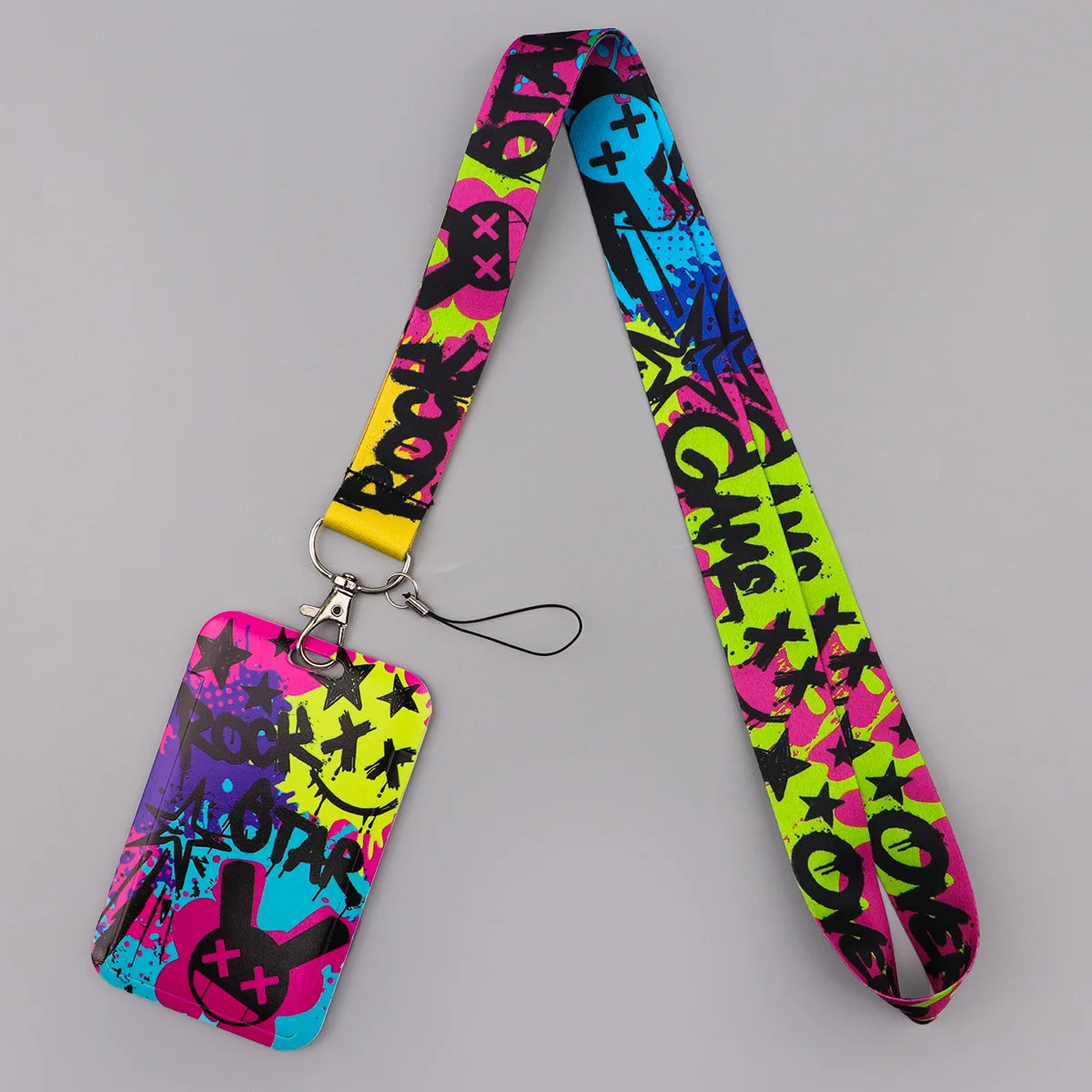 Funny Rock Graffiti Lanyard Neck Strap Keychain Cartoon Card Cover Badge Holder Mobile Phone Hang Rope Keyring Accessories Gifts