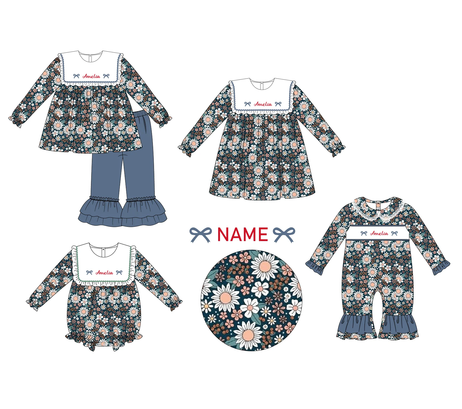 

Ropa Girl And Baby Boy New Cotton Customizable Name Styles Presale Models Black Flower Printing Romper Sets Clothes With Bow