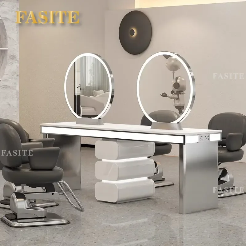 For Hair Double Sided Mirror Cabinet Silver 6 Person Integrated Table Barber Shop Perm Dye Station Furniture