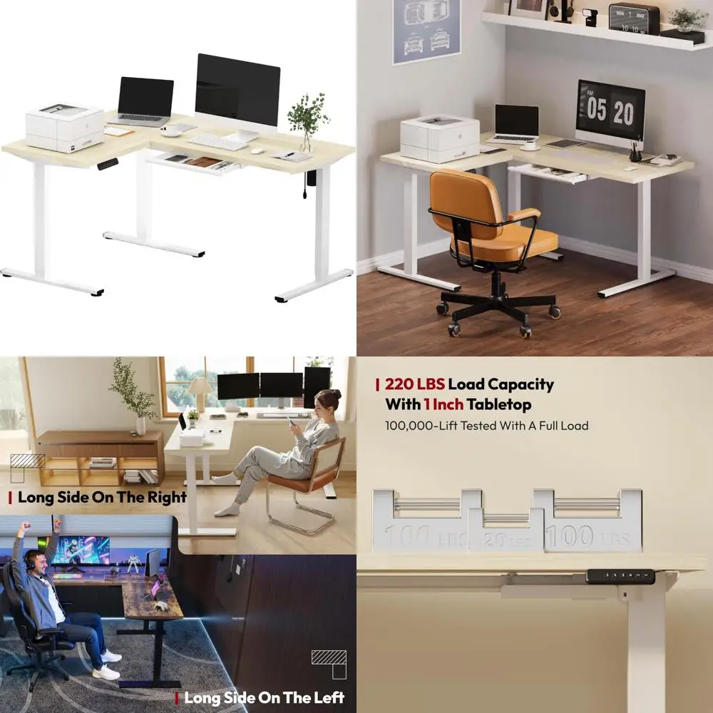 مكتب قائم كهربائي مريح على شكل حرف L، مكتب بارتفاع قابل للتعديل 63 بوصة مع درج تخزين، مكتب زاوية للاستخدام في حامل الجلوس