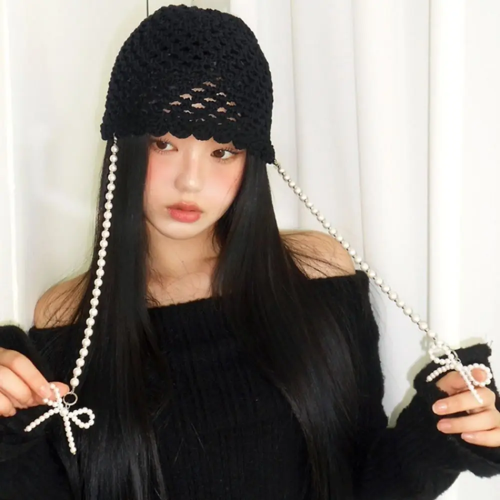 

Sweet Pearl Tassels Crochet Knitted Hat Bohemian Style Hollow Out Knit Cap Handmade Thin Bow Pearl Beanies Apparel Accessories
