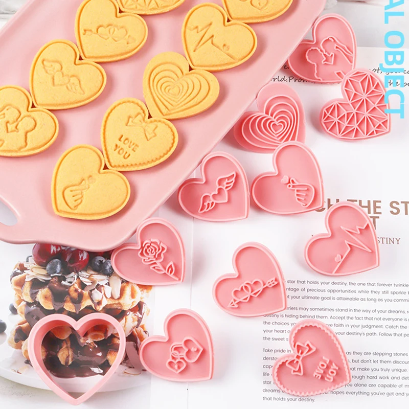 10 piezas de bonitos cortadores de galletas para el Día de San Valentín, sellos de plástico con forma de corazón rosa para galletas, molde para galletas, juego de moldes para galletas para amantes de la prensa