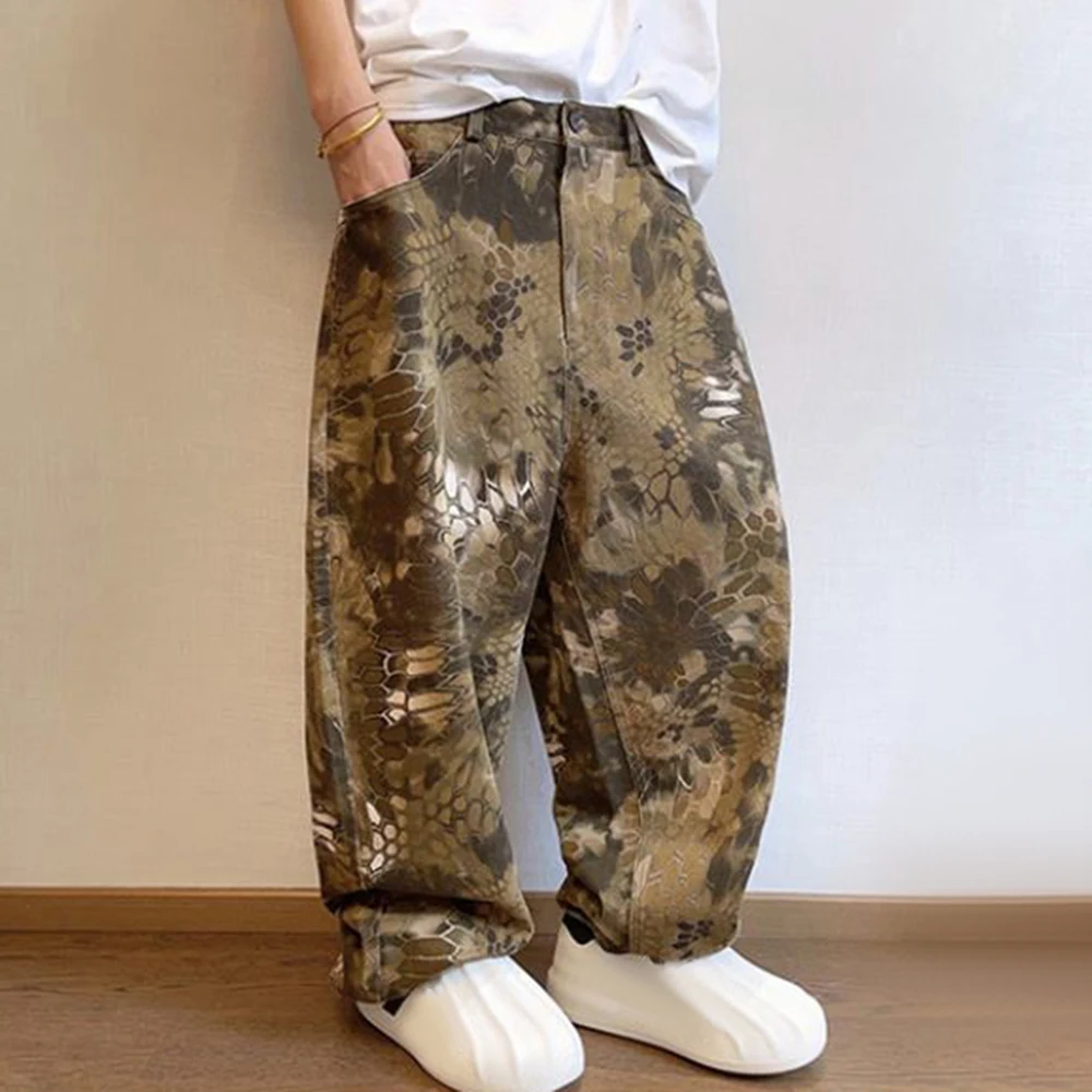 Mens Casual Pants Fashionable Trendy Y2k High Street Hip-Hop Retro Snake Pattern Loose Jeans 2024 Spring And Autumn New Style