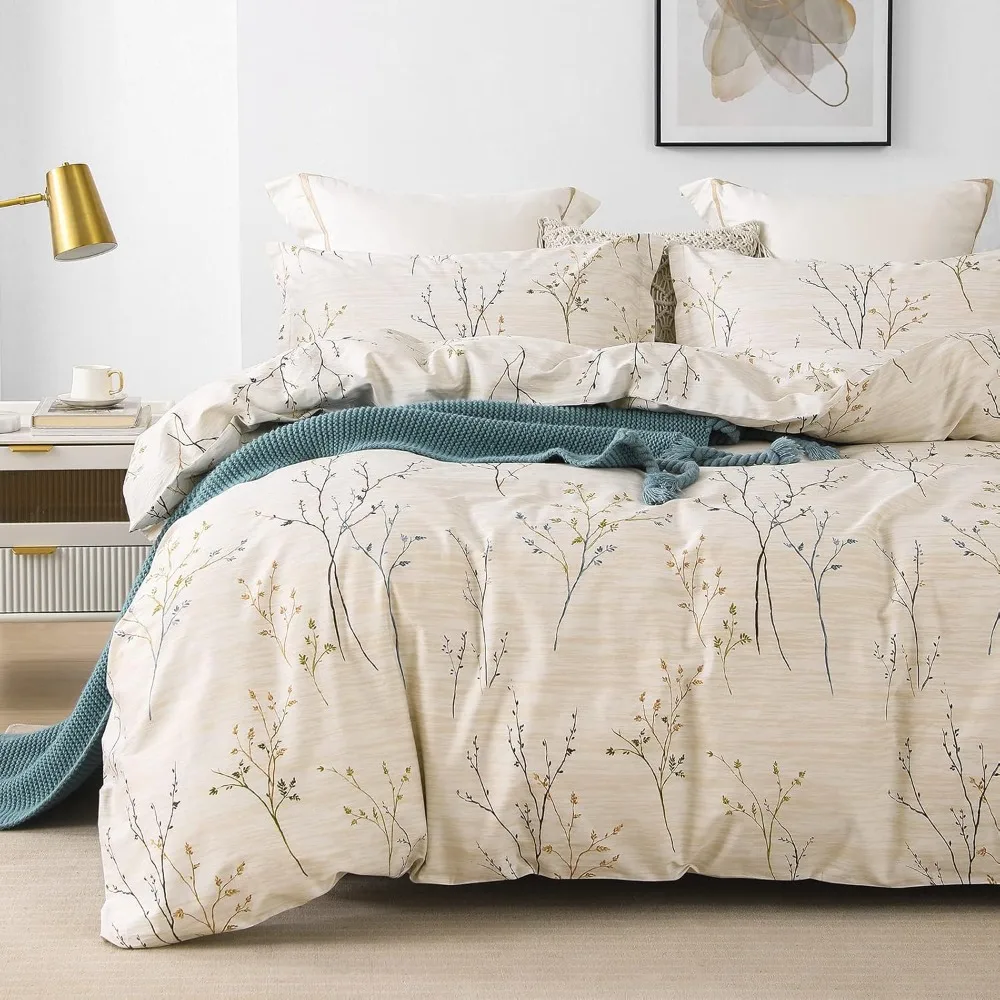 

Duvet Cover Quilt Set -100% Egyptian Cotton Cream Branch Printed Bedding Set with Breathable and Texture Quilt Set Home Textile