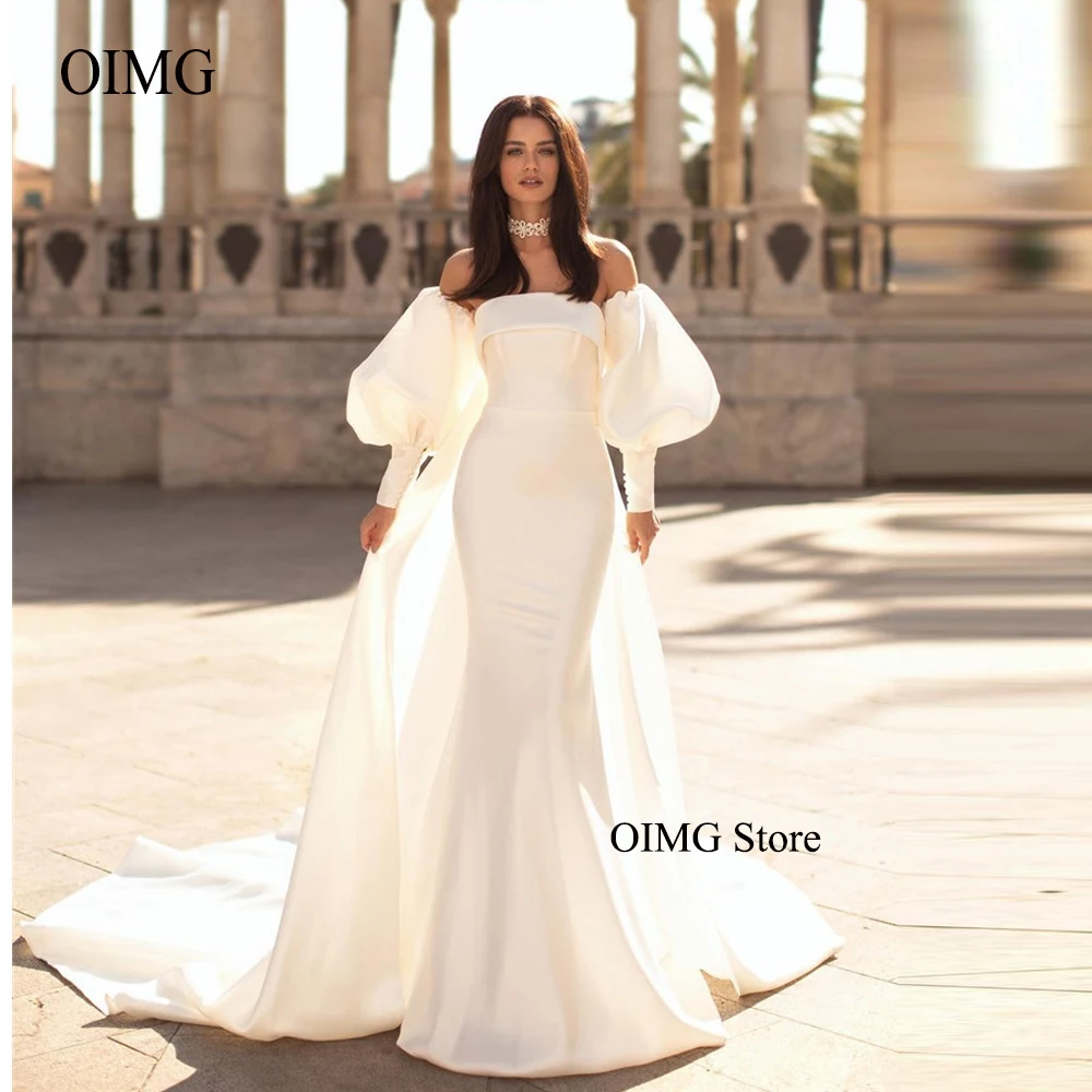 

OIMG New Design Good Quality Silk Satin Mermaid Wedding Dresses With Cloak Train Detachable Puff Long Sleeves Bridal Gowns 2022