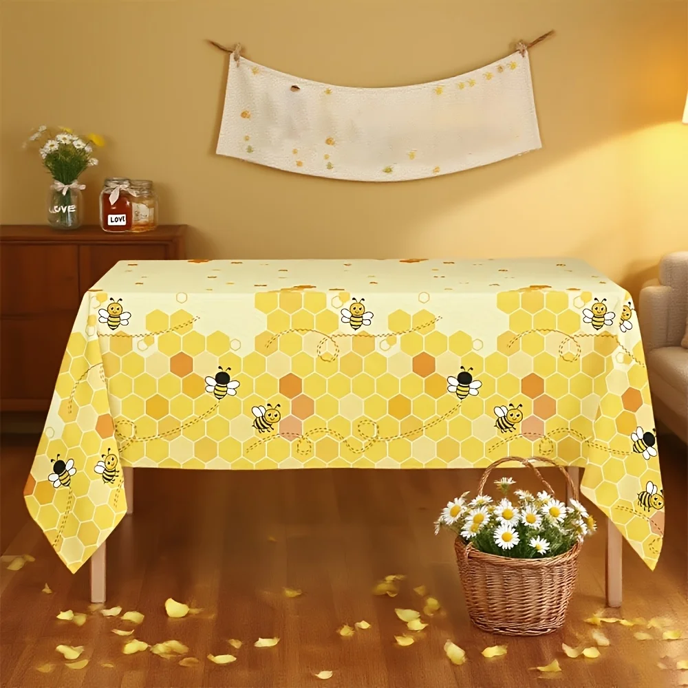 1Pc Bee Themed Honeycomb Tablecloth, Summer Garden Decor for Birthday Wedding Outdoor Party