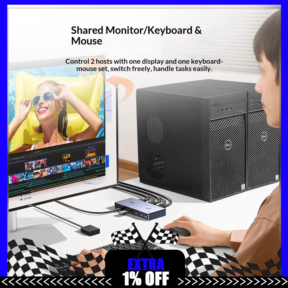 UGREEN 25150 디스플레이포트 KVM 스위치 2포트 8K 60Hz DP USB 공유 스위치 (2대의 컴퓨터 모니터, 키보드, 마우스용)