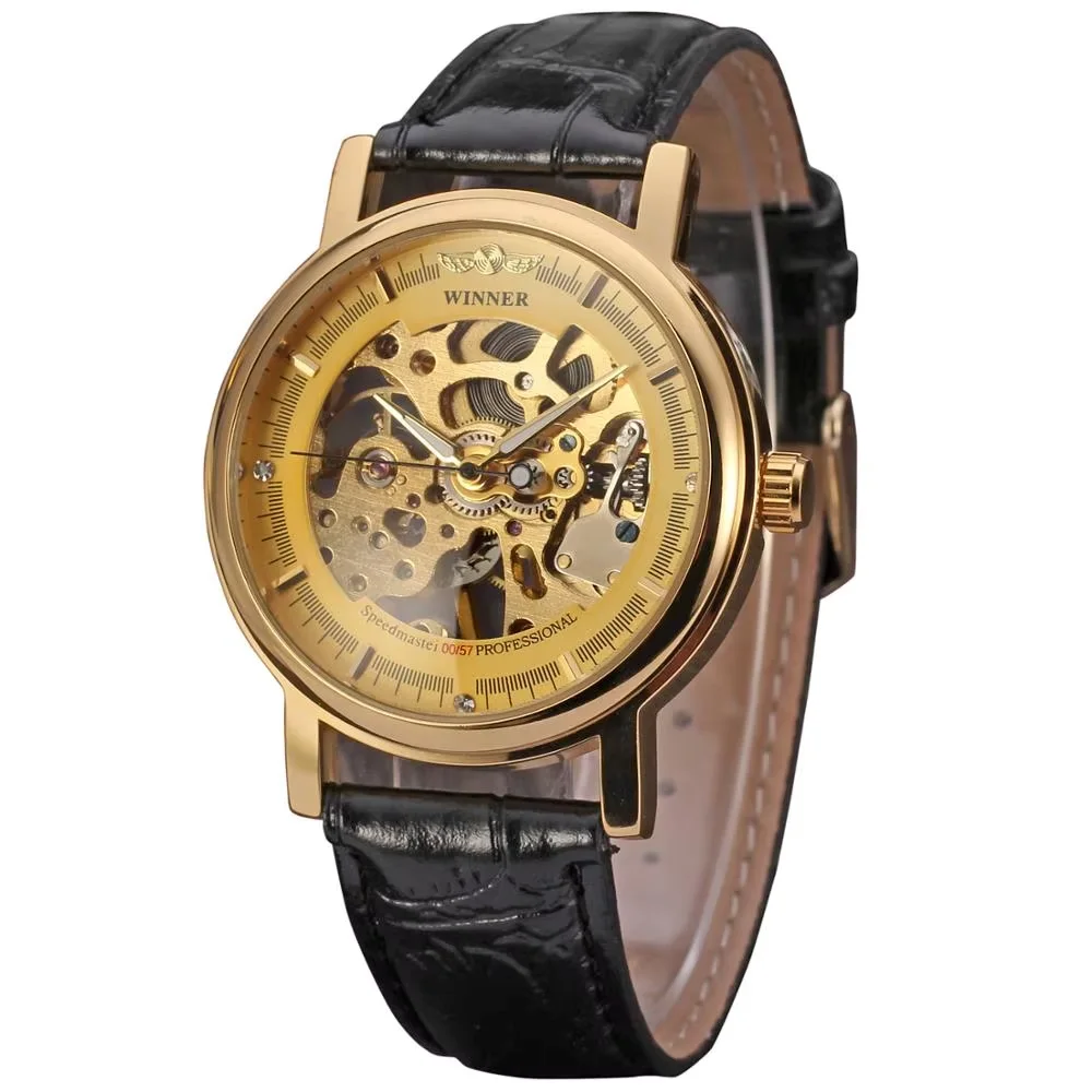 WINNER Fashion trend men's and women's watches leather strap gold dial automatic mechanical watches