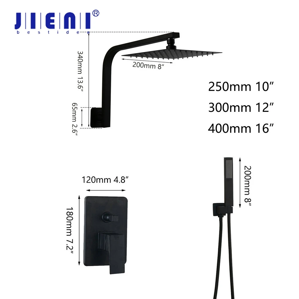 JIENI 8 ~16 Inch Bathroom Rainfall Shower Set Wall Mounted Matte Black Ultra-thin LED Shower Faucet Sets W/ Shower Head & Hand